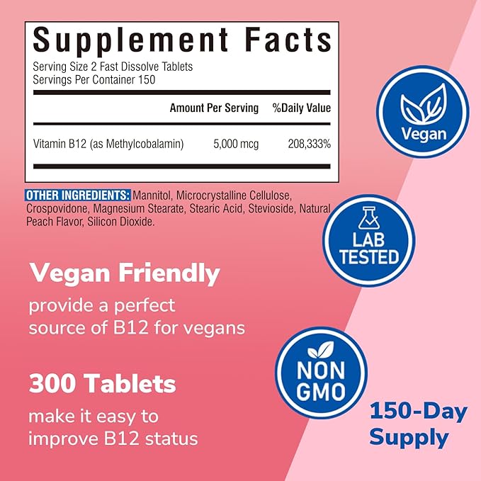 Vitamin B12 5000 mcg, Sublingual Methylcobalamin, Natural Peach Flavor, Nervous System Health, Energy Support, No Sugar, 300 Fast Dissolve Tablets