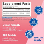Vitamin B12 5000 mcg, Sublingual Methylcobalamin, Natural Peach Flavor, Nervous System Health, Energy Support, No Sugar, 300 Fast Dissolve Tablets
