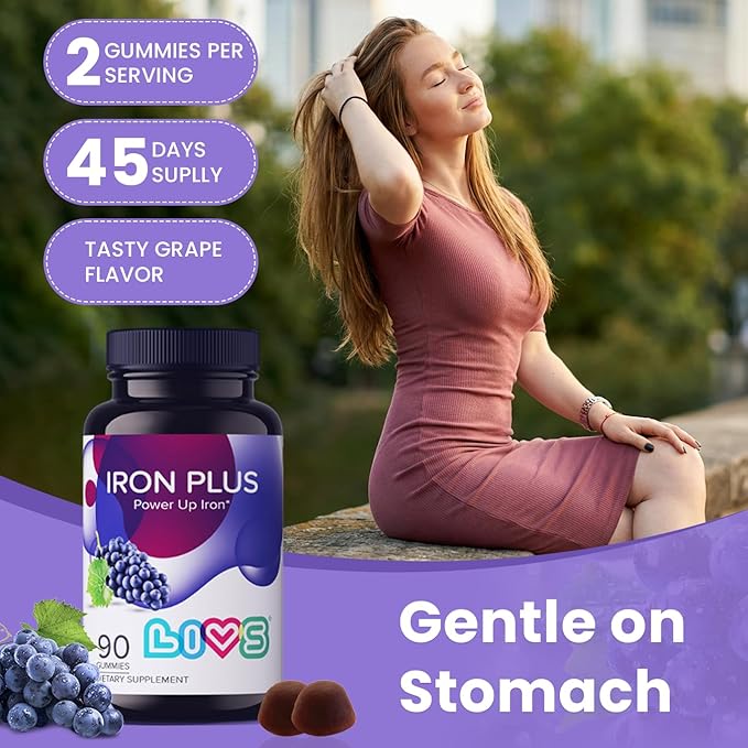 LIVS Iron Plus Gummies – 20mg Gentle Iron Supplement for Women & Men – Anemia Support – Vitamin C for Absorption – Biotin, Folate & B12 for Energy – Gluten Free, Vegan, Halal & Kosher – 180 Count