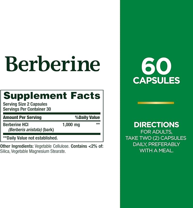 Nature's Bounty Berberine 1000mg Capsules,Supports Heart Health,Cholesterol & Blood Sugar Levels in a Normal Range,Non-GMO Supplement,60 Count (Pack of 2)
