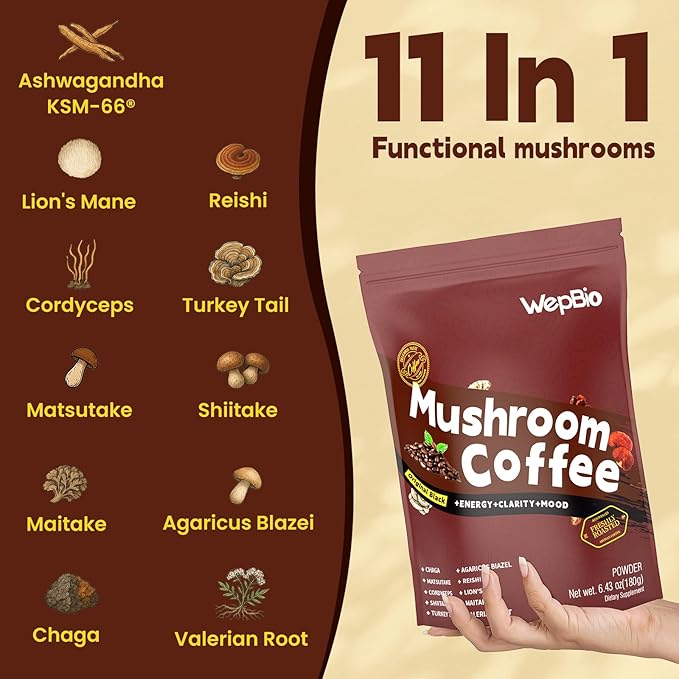 Mushroom Coffee Original Black 11 in 1 Adaptogenic Mushrooms Blend with Ashwagandha KSM-66,Lions Mane,Reishi,Turkey Tail Instant Mushroom Coffee for Boost Energy, Focus 30 Servings