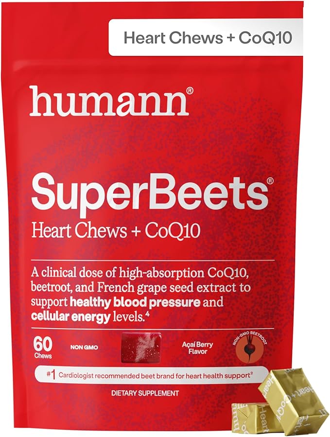 Humann SuperBeets Heart Chews + CoQ10-150mg of CoQ10 Plus Beetroot & Grape Seed Extract, Blood Pressure Support, Support Healthy Blood Flow, Circulation, 60 Count