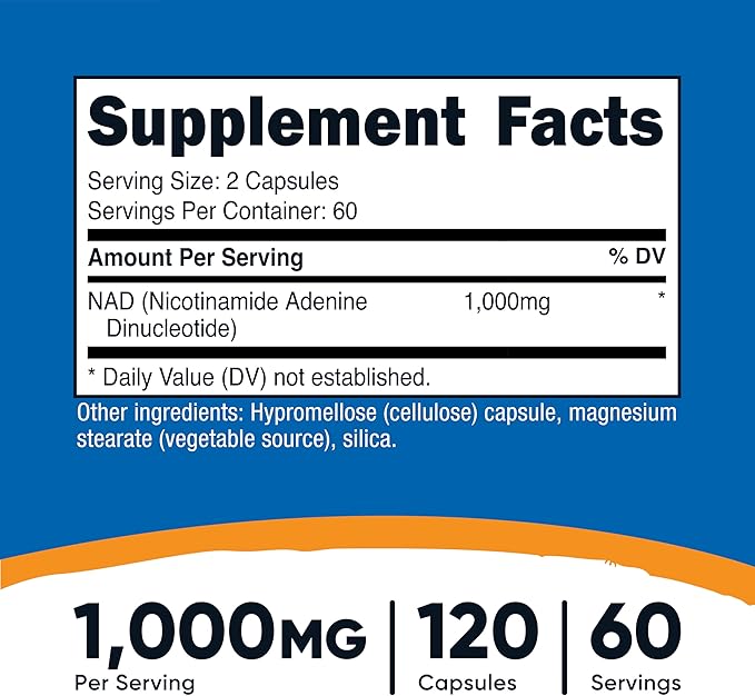 Nutricost NAD+ Supplement 1,000mg per Serving,120 Capsules (Nicotinamide Adenine Dinucleotide) - 60 Servings, Gluten-Free, Vegan (Pack of 2)