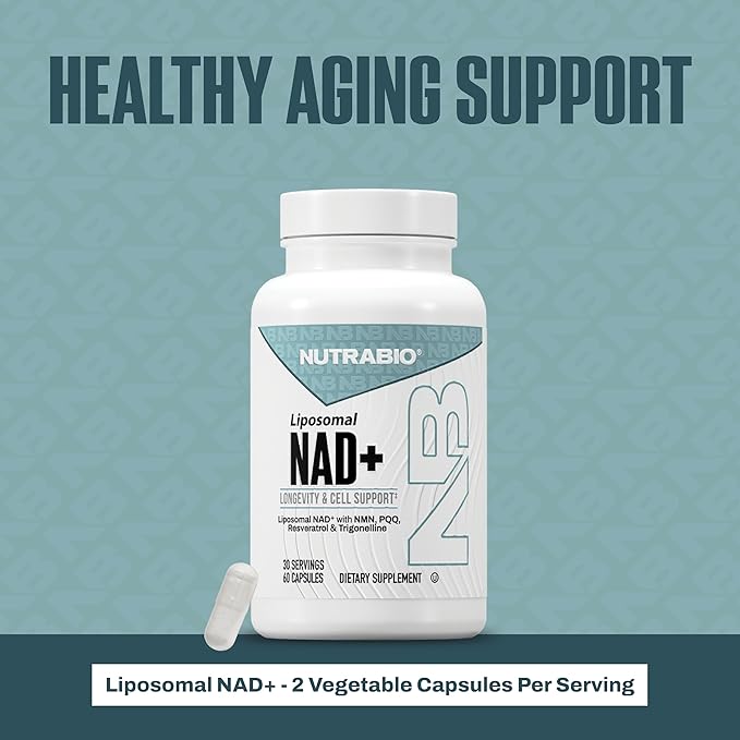 NutraBio Liposomal NAD+ Supplement with Resveratrol, NMN & PQQ for Longevity and Cell Support for Men and Women, Long-Term Vitality, 60 Capsules