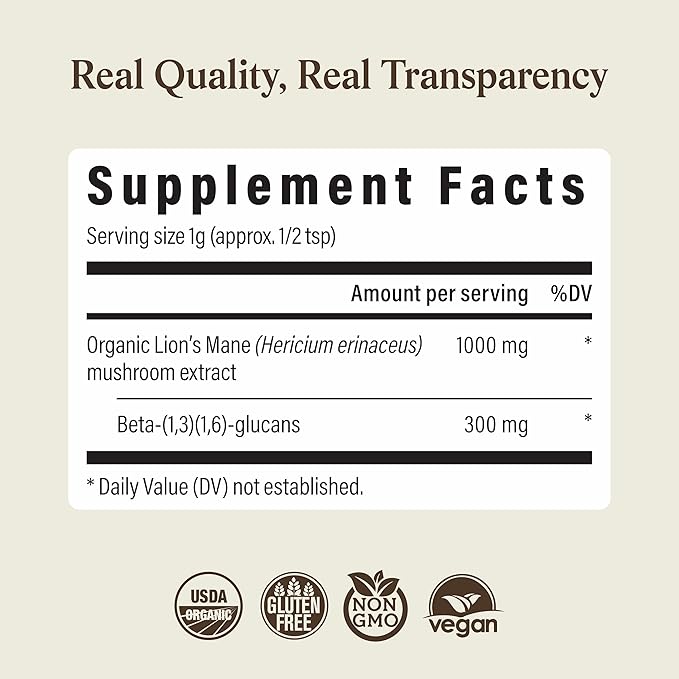 Real Mushrooms Lions Mane Mushroom Supplement - Organic Lions Mane Extract Powder for Overall Wellness with Adaptogens – Functional Vegan, Non-GMO Blend with 60 Servings