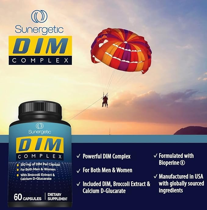 Sunergetic Premium DIM Supplement – 150mg diindolylmethane, Broccoli, Calcium D-Glucarate & Bioperine for Men & Women – DIM Complex for Menopause Support & Balance - 60 Capsules