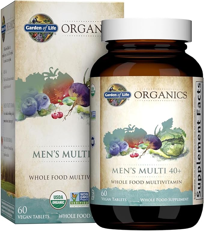 Garden of Life Organics Men's 40+ Multivitamin with Prostate Support, B12 & Vitamins – Vegan Daily Whole Food Multivitamin, Non-GMO, Certified Organic, 60 Tablets
