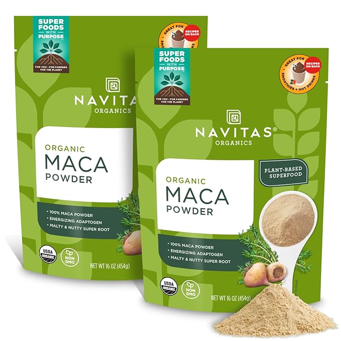 Navitas Organics Maca Powder – 100% Gelatinized Peruvian Maca for Smoothies, Lattes, Baking & More – Energize & Balance - USDA Organic, Non GMO, Vegan, Gluten Free (16oz. Bag, 180 Servings, 2-Pack)