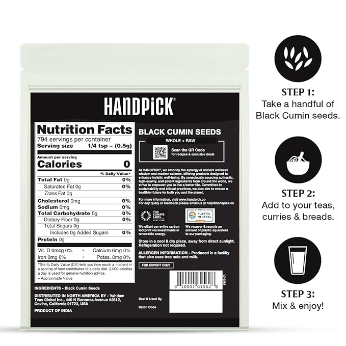 HANDPICK Black Cumin Seed (14oz) Pure Nigella Seeds - No Salt or Preservatives, Non GMO | Indian Black Whole Cumin | Gluten Free, Aromatic & Farm Fresh Kalonji | Resealable Zip Lock Pouch