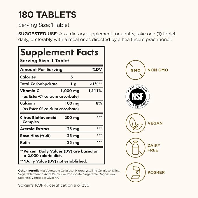 Solgar Ester-C Plus 1000 mg Vitamin C (Ascorbate Complex) - 180 Tablets - Gentle & Non Acidic - Supports Upper Respiratory Health - Non-GMO,Gluten-Free - 180 Servings, (Pack of 2)