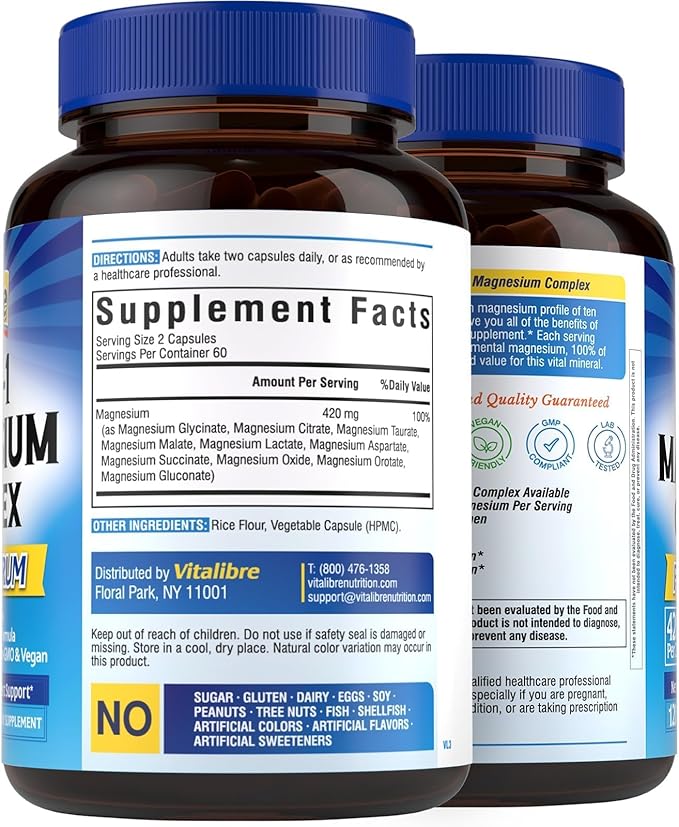 Vitalibre 10 in 1 Magnesium Complex, 420mg Elemental Magnesium | Ultra Strength, Max Absorption | Chelated Magnesium Supplement for Nerves, Bone & Heart Health | Non-GMO, 120 Vegan Capsules