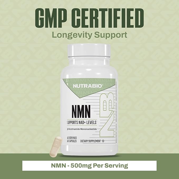 NutraBio NMN - NAD Supplement, Longevity Support, Boost NAD Levels, Increase Cellular Energy, Brain Health, Healthy Aging- 60 Servings- 60 Capsules