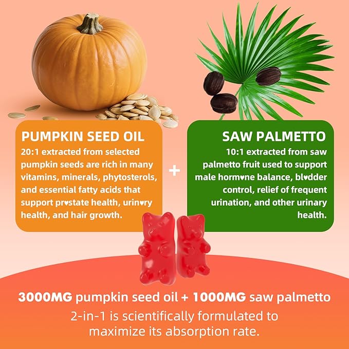Pumpkin Seed Oil Gummies with Saw Palmetto, Organic Pumpkin Seed Oil Supplement for Hair Growth & Skin Health, High Pure Extract for Women Men, Raspberry Flavor, 60 Count