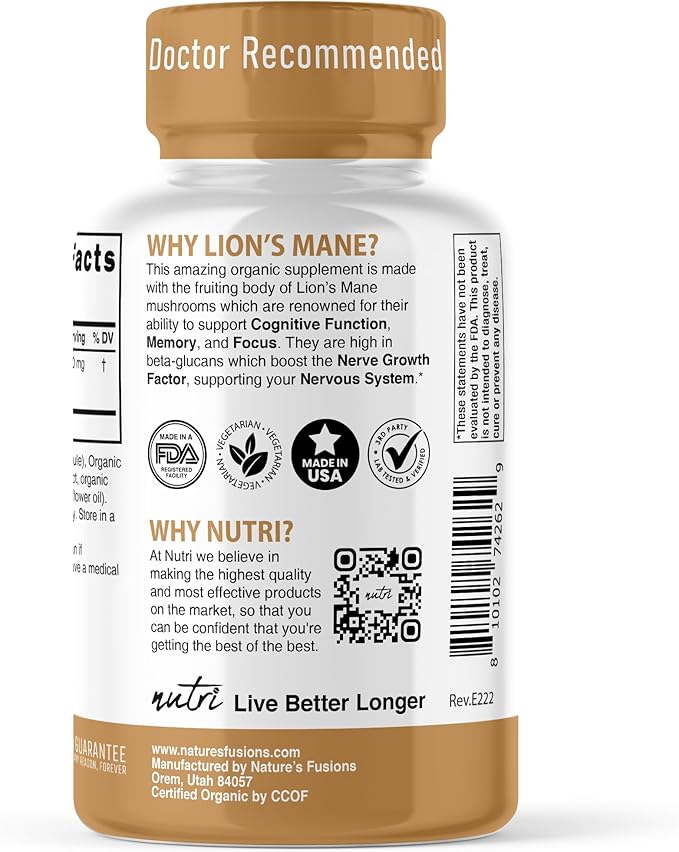 Nutri Organic Lions Mane Supplement Capsules - 1900 mg, 10:1 Dual Extraction, 120 Count - Certified Organic Mushroom Extract (Fruiting Body) - Third Party Tested - Cognitive Support, Heart Health
