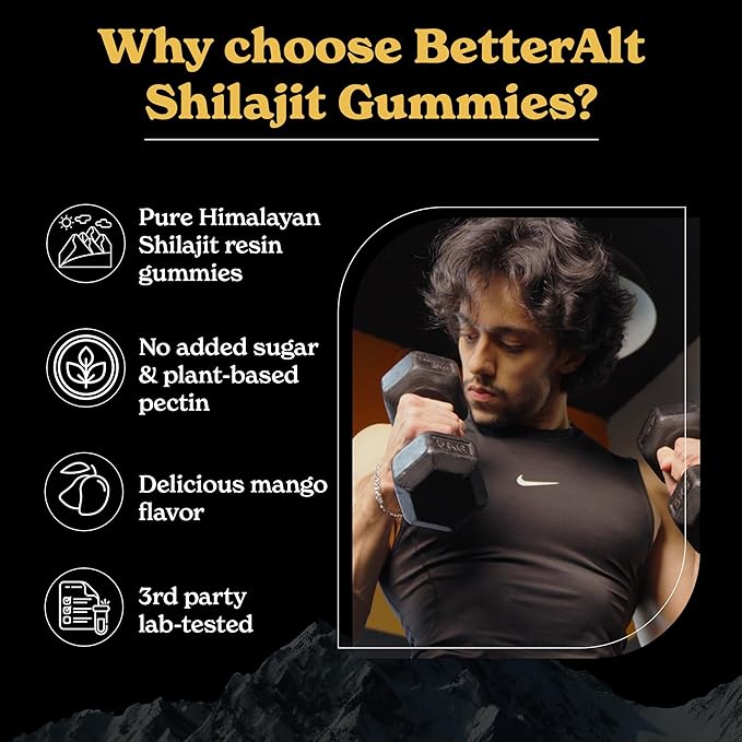 Better Alt Pure Himalayan Shilajit Gummies with Shilajit |High Potency Gold Grade| 60 Gummies for Energy Boost & Immune Support, 75 Percent + Fulvic Acid| Travel Friendly Mango Flavor