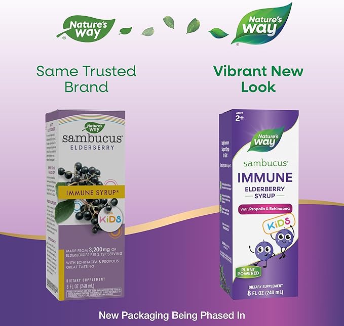 Nature's Way Sambucus Elderberry Immune Syrup for Kids Ages 2+,Echinacea & Propolis,with Superfood Antioxidants(1),Immune Support Syrup*,Vegetarian,Berry Flavored,8 Fl Oz,(Pack of 2)