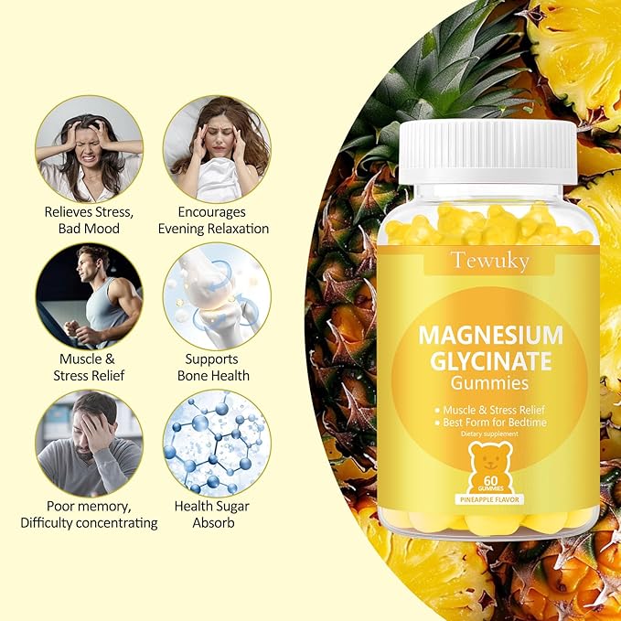 Magnesium Glycinate Gummies 2 Bottles, Sugar-Free for Adults & Kids, Magnesium Gummies for Sleep, Stress & Muscle Relief, Supports Bone & Nerve Health, Vegan, Pectin-Based, Pineapple Flavor