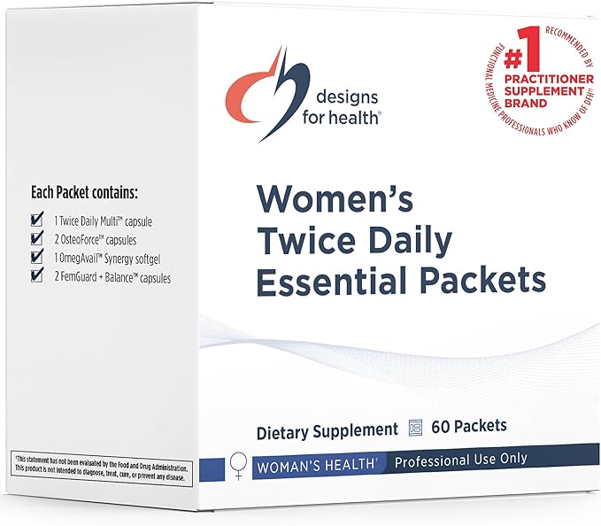 Designs for Health Women's Twice Daily Essential Packets - Vitamin Packs with Iron-Free Multivitamin, OsteoForce Bone Support, OmegAvail Fish Oil + FemGuard+Balance - Female Health (60 Packets)