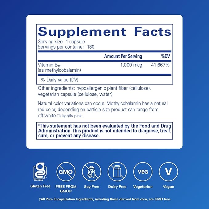 Pure Encapsulations Methylcobalamin 1,000 mcg - Vitamin B12 Supplement to Support Memory & Nerve Health - Premium Vitamin B12 Capsules - 180 Capsules