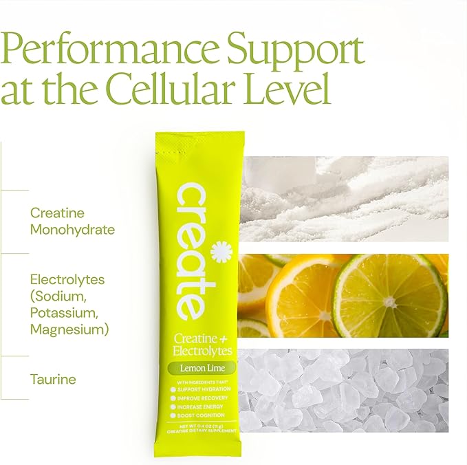 Create Creatine + Electrolytes Mix - Creatine Monohydrate Stick Packs, Supports Energy and Hydration, NSF Certified for Sport, 30 Count, Lemon Lime