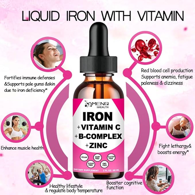 Iron Supplement for Women Men & Kids, Iron Vitamin C, A, B-Complex, Vegan Iron Drops High Potency Liquid Vitamin & Iron Supplements for Anemia, Red Blood Cell, Energy, Blood Builder, Gentle