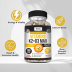 Kaya Naturals Vitamins K2 with D3 5000IU Supplement for Men and Women - Easy to Swallow - Bioperine Capsules (180 Count (Pack of 1)