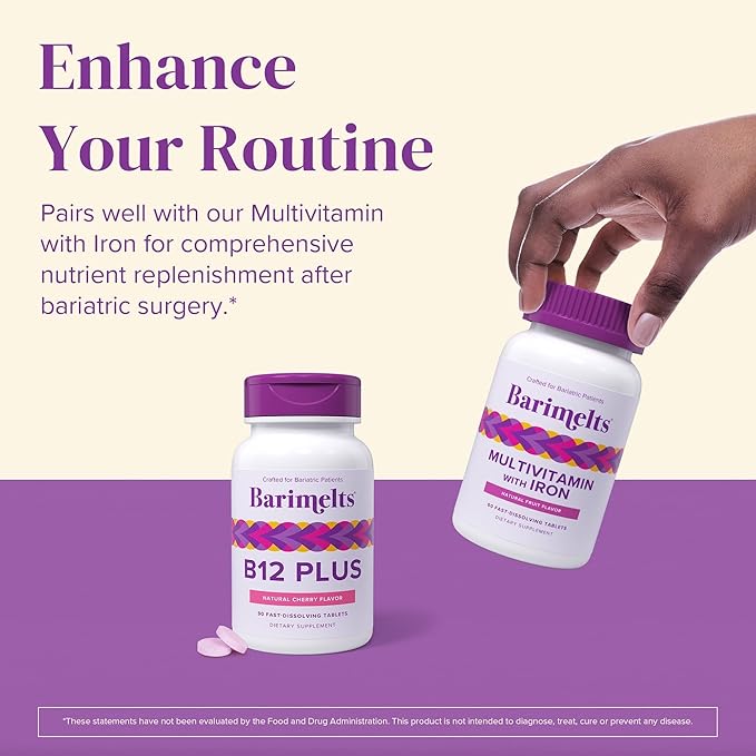 BariMelts Vitamin B12 Plus, 90 Fast-Dissolving Tablets (3-Month Supply), Sugar-Free Bariatric Vitamins for Women, Includes B12, B6, Folate and Biotin, Natural Cherry Flavor