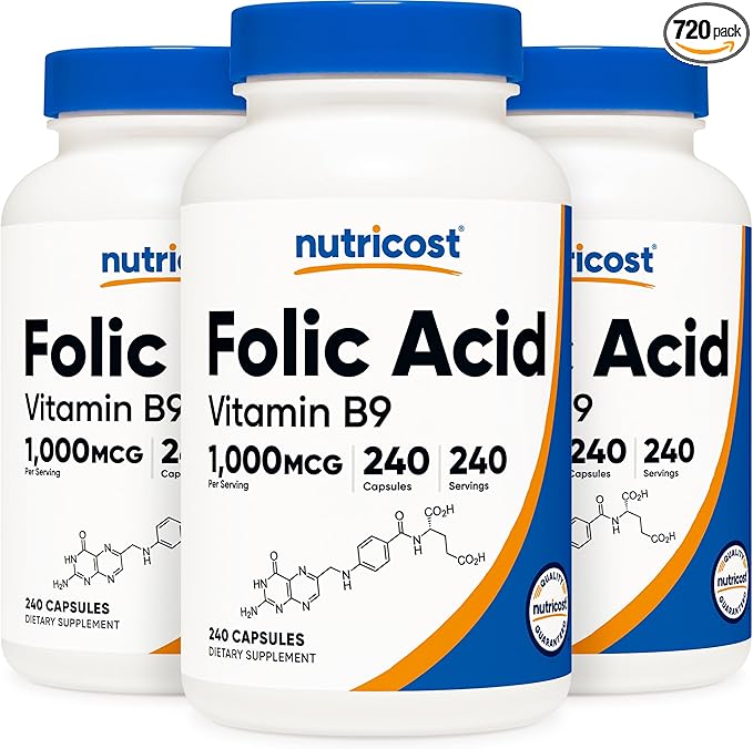 Nutricost Folic Acid (Vitamin B9) 1000 mcg, 240 Capsules (3 Bottles)