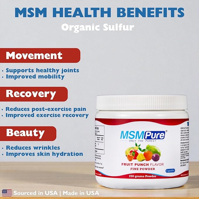 KALA HEALTH MSMPure Fast Dissolving Fruit Punch Flavored Fine MSM Powder Crystals – US-Made MSM for Joint Health, Skin Appearance, and Hair & Nail Support – 8.8 oz, Organic Sulfur
