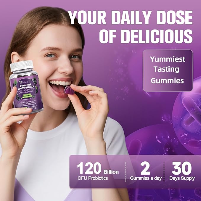 Migcopat Pre Post Probiotics Gummies, Probiotic Prebiotic Postbiotic Digestive Enzymes with Fiber, 120 Billion CFU Probiotics for Gut Health, Sugar Free, Vegan, BlackBerry Flavor, 120 Cts