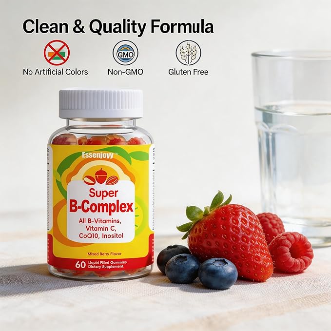 Liquid-Filled B Complex Gummies for Daily Routine, Juicy Berry Flavor, Complete B Vitamins with Vitamin C, CoQ10 & Inositol, Easy to Enjoy, 60 Gummies x 2 (120 Total)