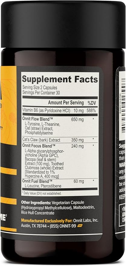 ONNIT Alpha Brain Nootropic Brain Supplement for Focus, Memory, Mental Clarity, Cognitive Support with L-Theanine and Vitamin B6, 60 Count Capsules