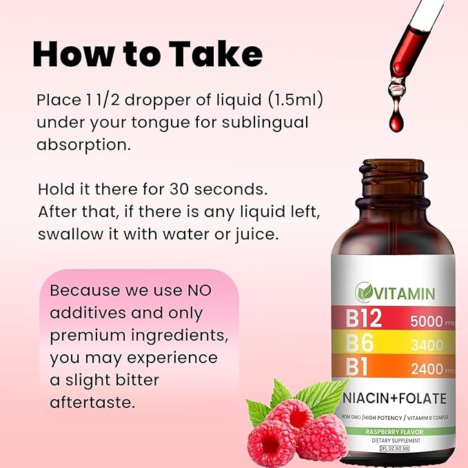 Vitamin B12 and B6 Liquid Drops, B12 Sublingual Vitamin B Complex - B 12 Vitamin 5000mcg - B12 Methylcobalamin for Energy, Brain, and Heart Support with, Raspberry, 80 Servings