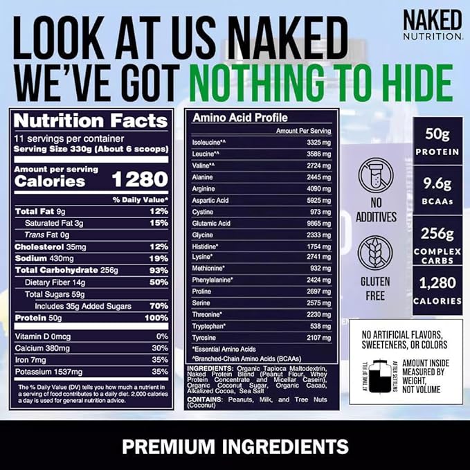 NAKED Chocolate Peanut Butter Mass - 1,280 Calories, 50G Protein, Nothing Artificial. All Natural Weight Gainer Protein Powder - 8Lb Bulk, GMO Free, Gluten Free & Soy Free