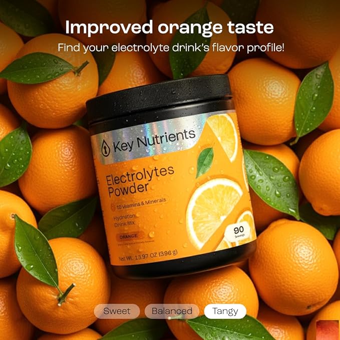 KEY NUTRIENTS Multivitamin Electrolytes Powder No Sugar - Tangy Orange Electrolyte Powder - Endurance & Energy Supplement - Hydration Powder - No Calories - 90 Servings - Made in USA