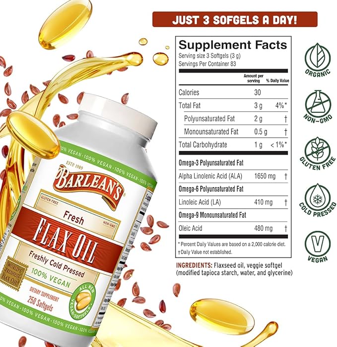 Barlean's Vegan Flaxseed Oil Supplements, Cold-Pressed Flax Seed Supplement Softgels with 1650 mg ALA Fatty Acids, 250 Count