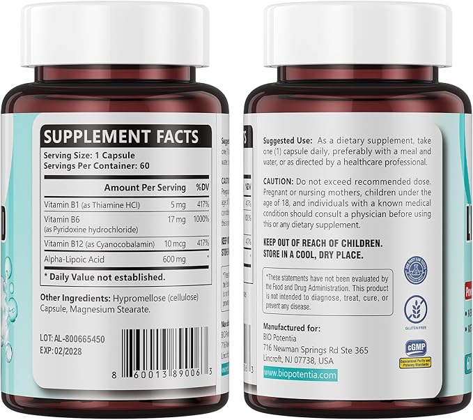 Alpha Lipoic Acid 600mg Per Serving - ALA Supplement with Vitamins B1, B6 & B12 - Supports Antioxidant Activity, Metabolism & Nerve Health | Non-GMO - 60 Capsules