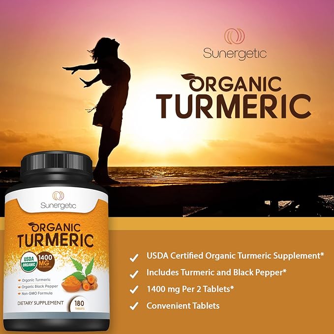 Sunergetic USDA Certified Organic Turmeric Supplement – Includes Organic Turmeric & Organic Black Pepper – 1,400mg of Turmeric per Serving - 180 Count (Pack of 1)
