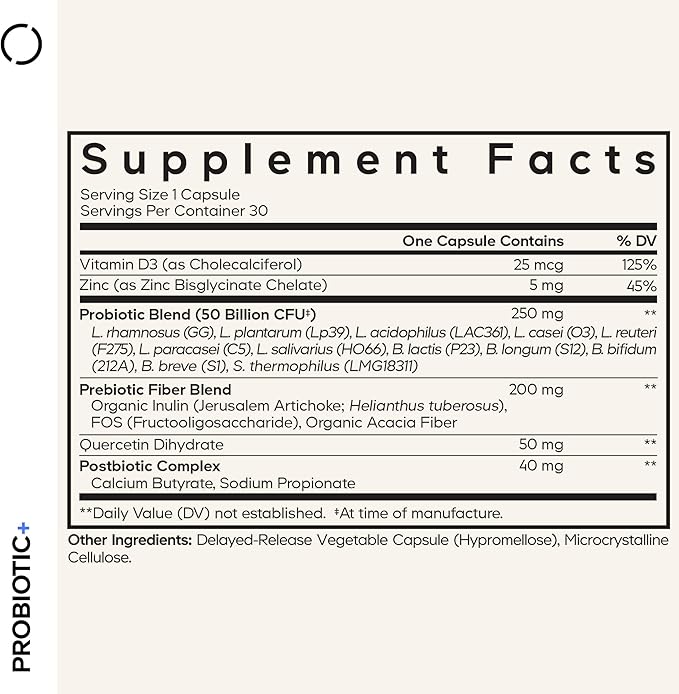 Codeage Probiotic+ 50 Billion CFU** Supplement - 12-Strain Probiotic Blend, Organic Prebiotic Fiber, Postbiotics, Vitamin D3, Zinc Bisglycinate, Quercetin - for Men & Women - Non-GMO - 30 Capsules