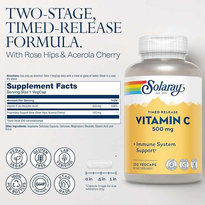 SOLARAY Vitamin C 500mg, Two-Stage Timed Release - Antioxidant and Immune Support Supplement - Vitamin C with Rose HIPS and Acerola, Vegan, Gluten Free, 60-Day Guarantee, 250 Servings, 250 VegCaps