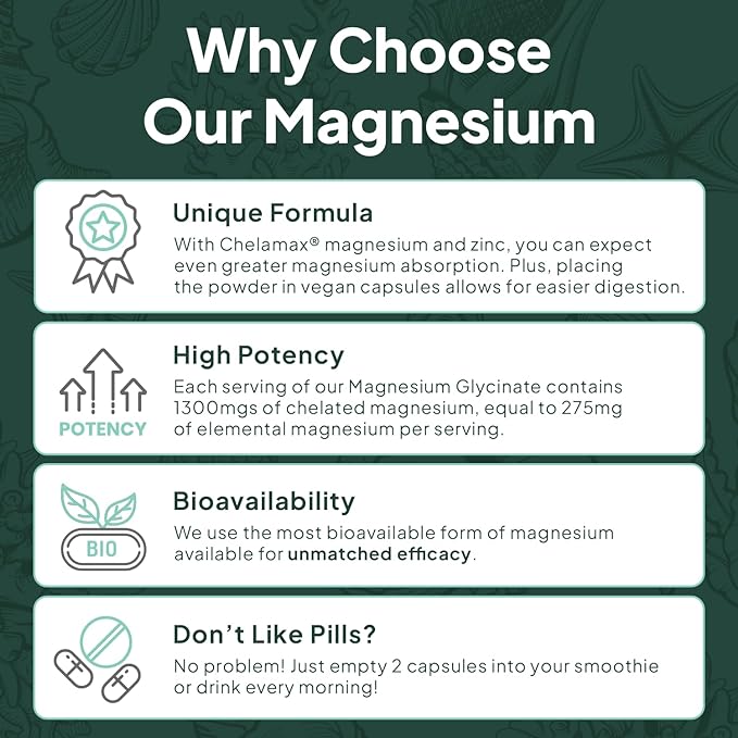 Organics Ocean Pure Magnesium Glycinate with Zinc - Maximum Strength Chelated Magnesium Supplement for Women and Men for Muscle Cramps and Sleep Support - 3 Bottles