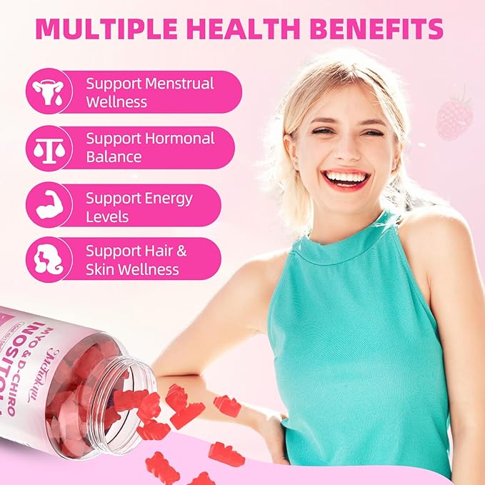 Myo-Inositol & D-Chiro Inositol Gummies, Ideal 40:1 Ratio Supplement for Women with Vitamin D3 & B12 for Support Hormonal Balance & Wellness, Sugar Free, Raspberry, 60 Count