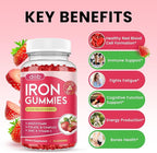 Iron Gummies with Multivitamin, Iron Supplement for Women & Men with Zinc, Vitamin B Complex & C, B12, Folate - Blood Builder & Energy Support for Adults & Kids - Strawberry Flavor, Vegan 60 Gummies