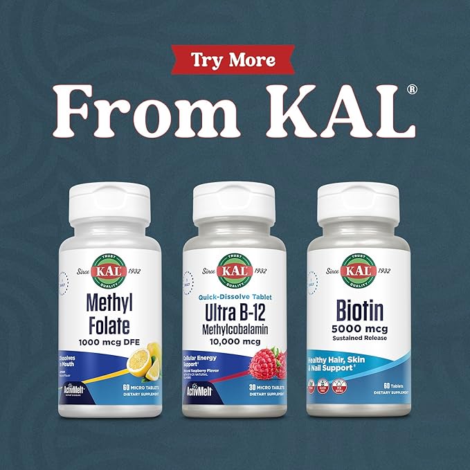 KAL Ultra B12 Methylcobalamin 10,000mcg, High Potency Vitamin B-12 for Healthy Energy, Metabolism, Nerve, Red Blood Cell Support,* Natural Raspberry Flavor, Vegetarian, 30 Micro Tablets, 30 Servings