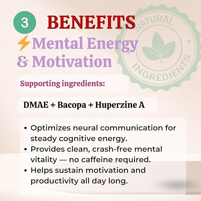 Sun Vitals Core Mind – Nootropic Brain Supplement for Focus, Memory & Mental Clarity | DMAE, Bacopa Monnieri, Phosphatidylserine & Huperzine A | Non-Stimulant, Caffeine-Free | 60 Capsules