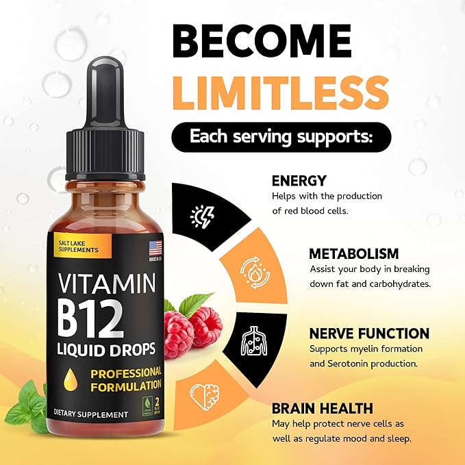 Vitamin B12 Liquid Drops - Vegan B12 vitamins 5000 mcg Methylcobalamin Fast-Acting Sublingual B Complex Liquid Vitamin B2, B3, B6 - Non-GMO, No Dairy, Soy & Sugar, Raspberry Flavor, 2 fl. oz.