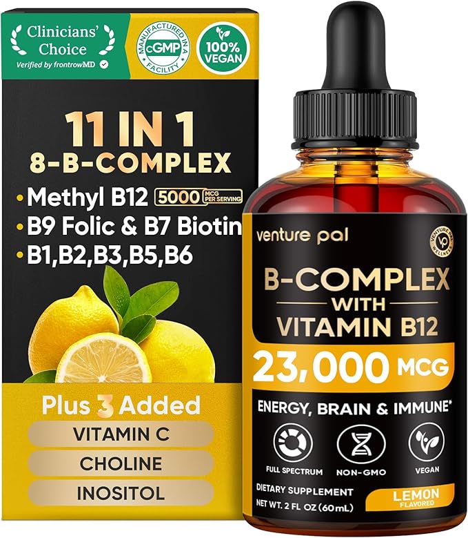 Venture Pal Vitamin B Complex Liquid Drops, B12 Methylcobalamin | B9 Folic | B1,B2,B3,B5,B6,B15 - Vitamin C, Choline, Inositol, Immune & Energy Metabolism, Brain & Heart Support
