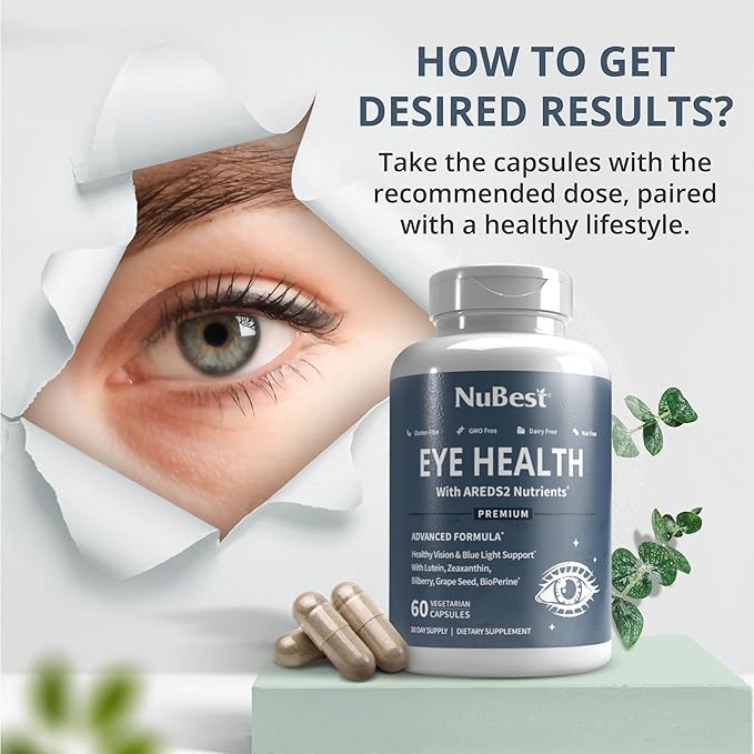 NuBest AREDS 2 Eye Vitamins with Beta Carotene Carrot Powder, 20mg Lutein, 4mg Zeaxanthin, Bilberry, Grape Seed, BioPerine, B-Complex, Multivitamin for Eye Health | Pack 2