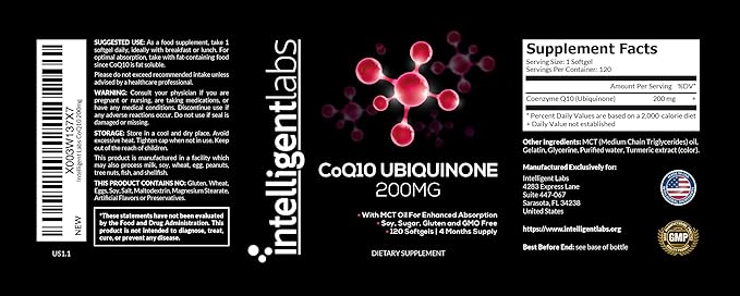 Intelligent Labs CoQ10 Ubiquinone 200mg Softgels | Coenzyme Q10 with MCT Oil for Max Absorption | Soy, Sugar, Gluten, and GMO-Free | 120 Servings | 120 Days Supply