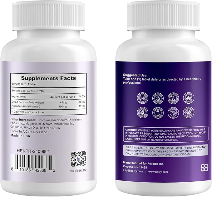 Heivy Ferrous Sulfate 325mg, Iron 65mg, Iron with Vitamin C – High Potency Iron Supplement for Women & Men – Premium Pure Ingredients, Gentle on Stomach, 240 Tablets, Made in USA